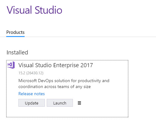 The Visual Studio Products window displays. Visual Studio Enterprise 2017 is listed as installed, with two options: Update, or Launch.